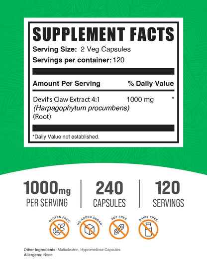 Devil's Claw Extract Capsules – Vegan & Gluten Free (240 Veg Caps) | BulkSupplements