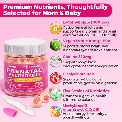 NEVISS Prenatal Multivitamin Gummies for Women – Methylfolate 1mg, DHA+EPA, Iron, Choline, Sugar-Free, 120 Count
