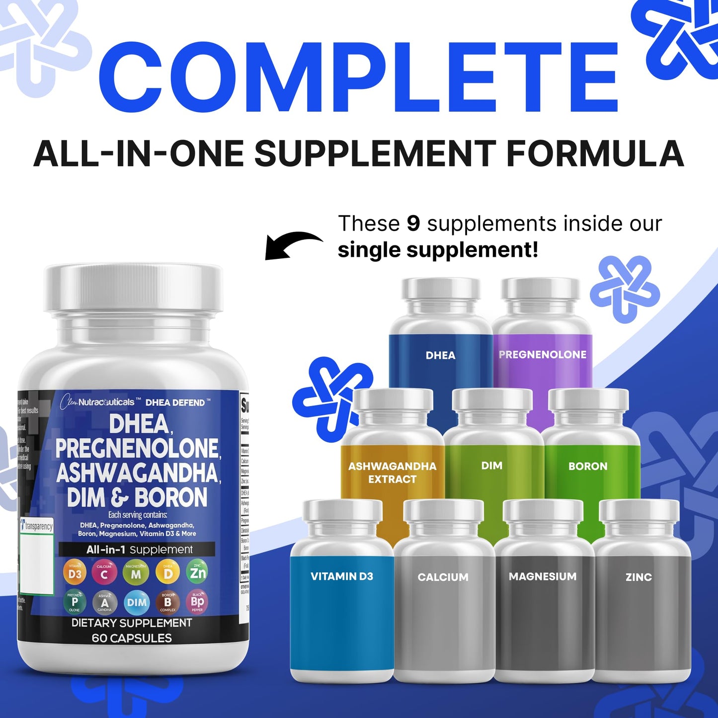 DHEA 200mg & Pregnenolone 100mg Supplement for Men & Women – DIM, Ashwagandha, Boron 6mg, Calcium Magnesium Zinc, Vitamin D3 5000 IU | Made in USA 60 Ct