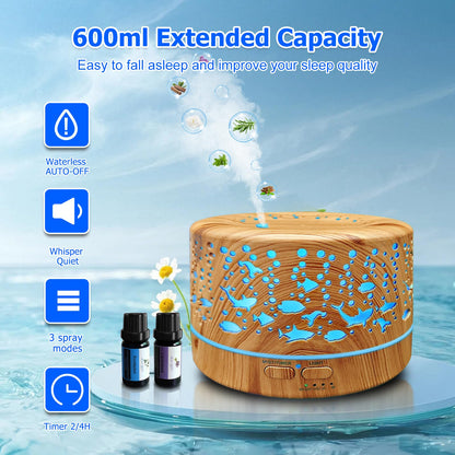 Large Room Essential Oil Diffuser 600ml with Remote Control 7 Colors 3 Mist Modes