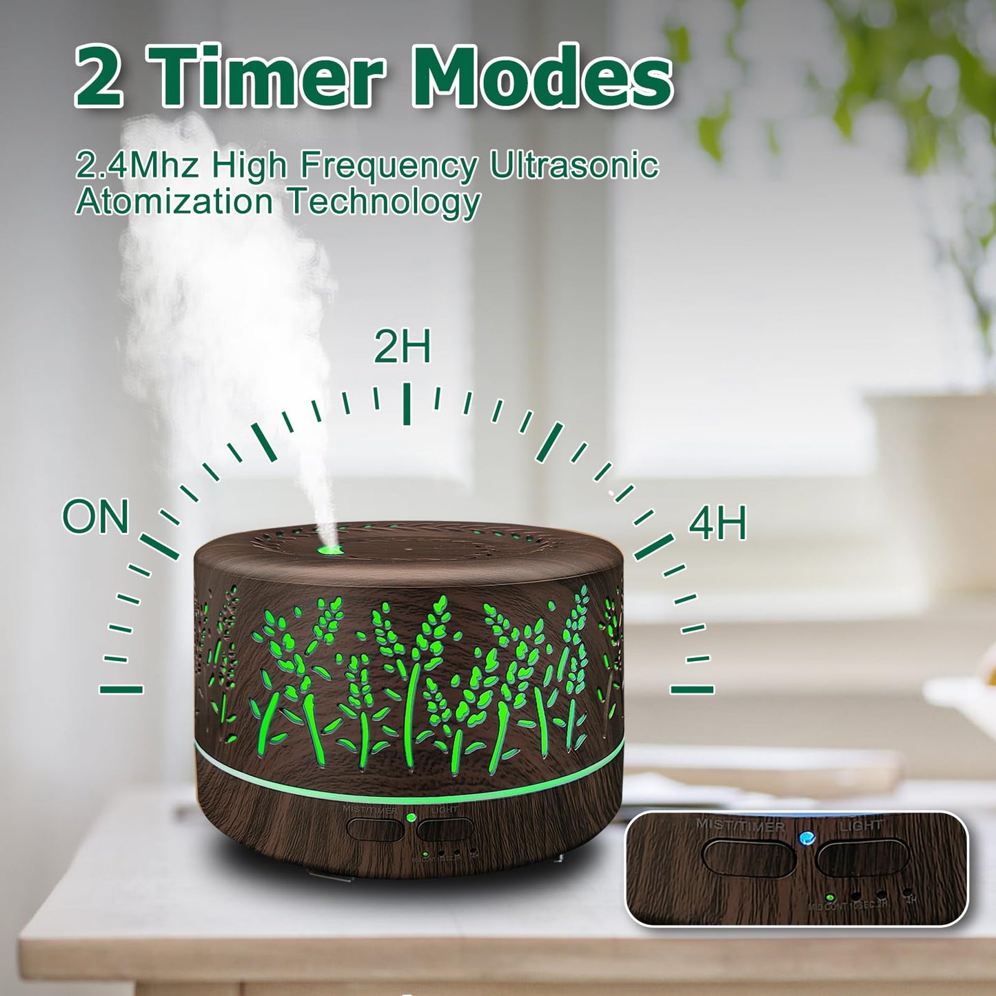 600ml Large Room Essential Oil Diffuser - Waterless Auto-Off, 7-Color LED Lights, 3 Mist Modes | Dark Wood
