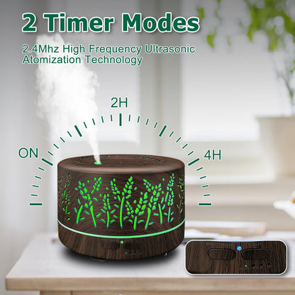 600ml Large Room Essential Oil Diffuser - Waterless Auto-Off, 7-Color LED Lights, 3 Mist Modes | Dark Wood