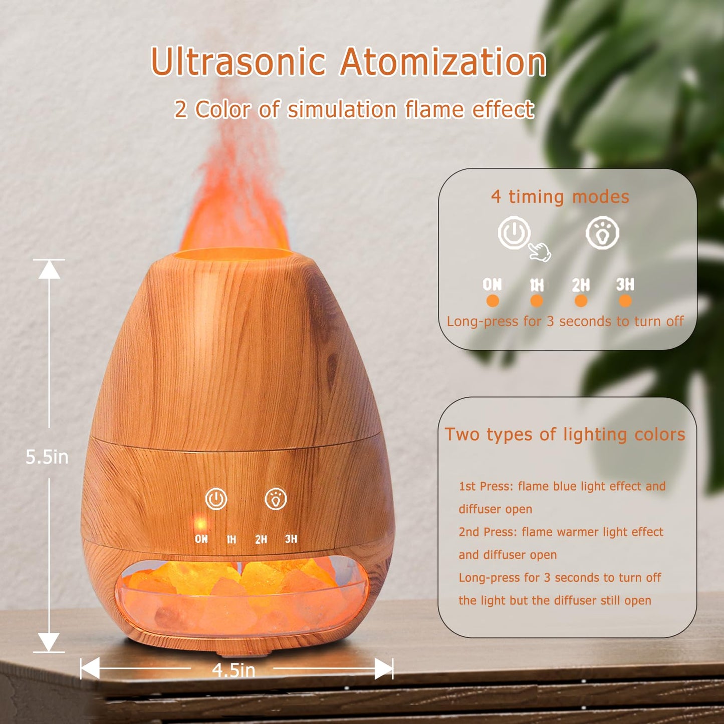 Ultrasonic Essential Oil Diffuser with Himalayan Salt Rock - 100ML, Flame Effect, Auto Off