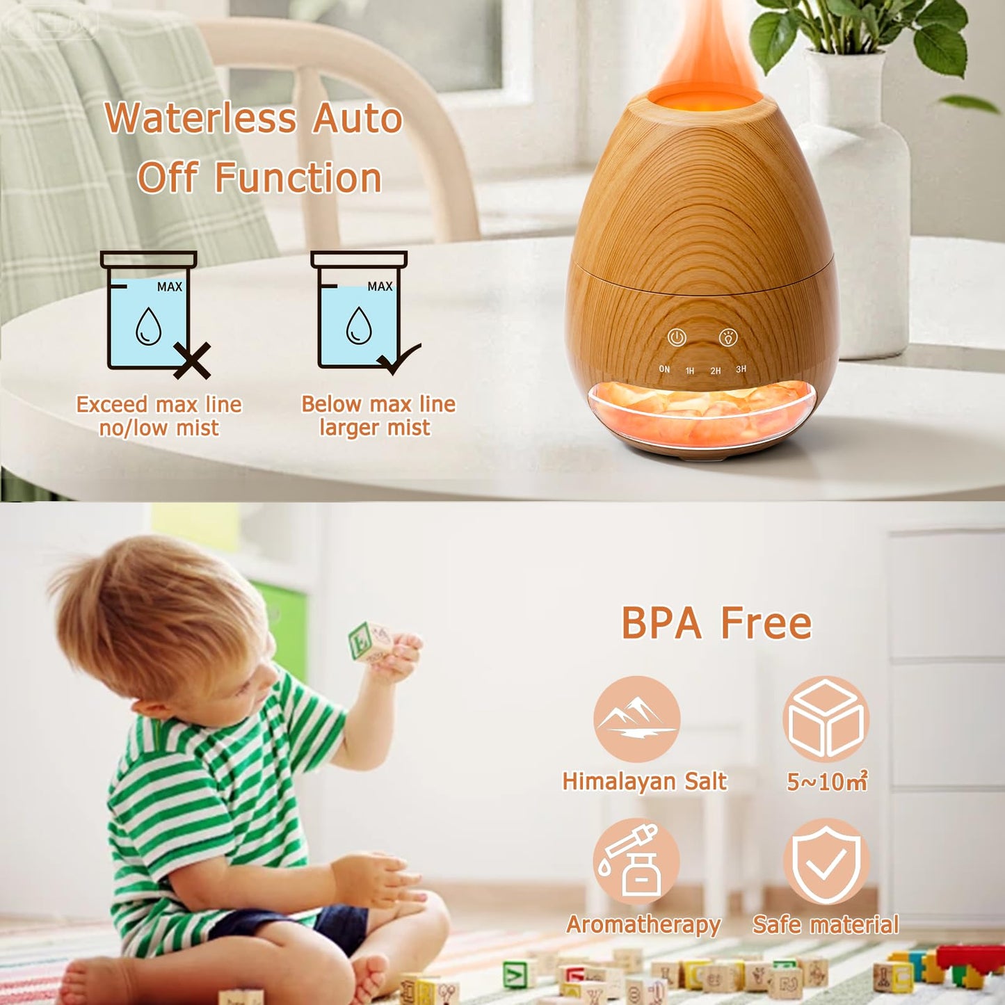 Ultrasonic Essential Oil Diffuser with Himalayan Salt Rock - 100ML, Flame Effect, Auto Off