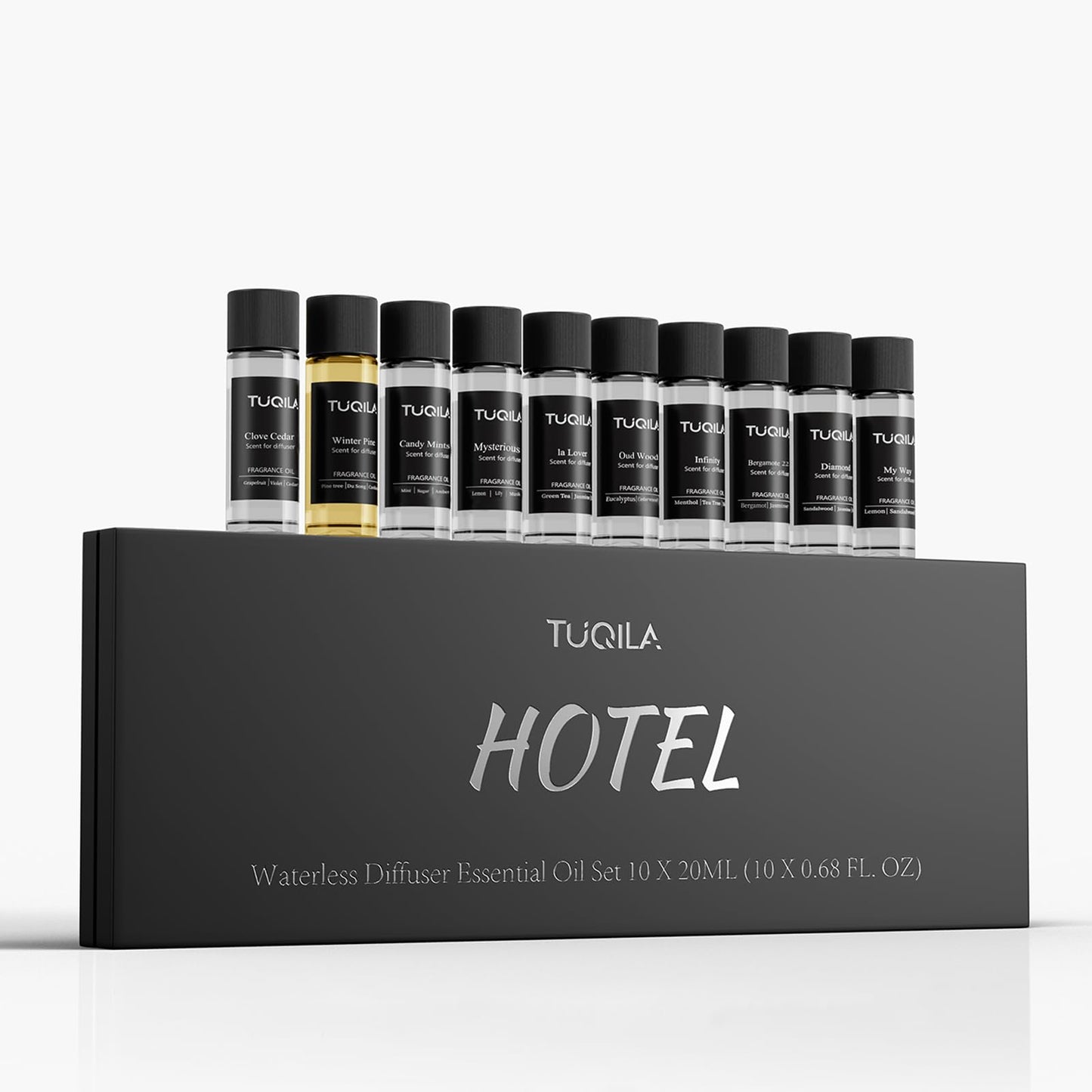 Hotel Luxury Waterless Diffuser Set – 10x20mL Essential Oils (My Way, Mysterious, Oud Wood, Bergamot)