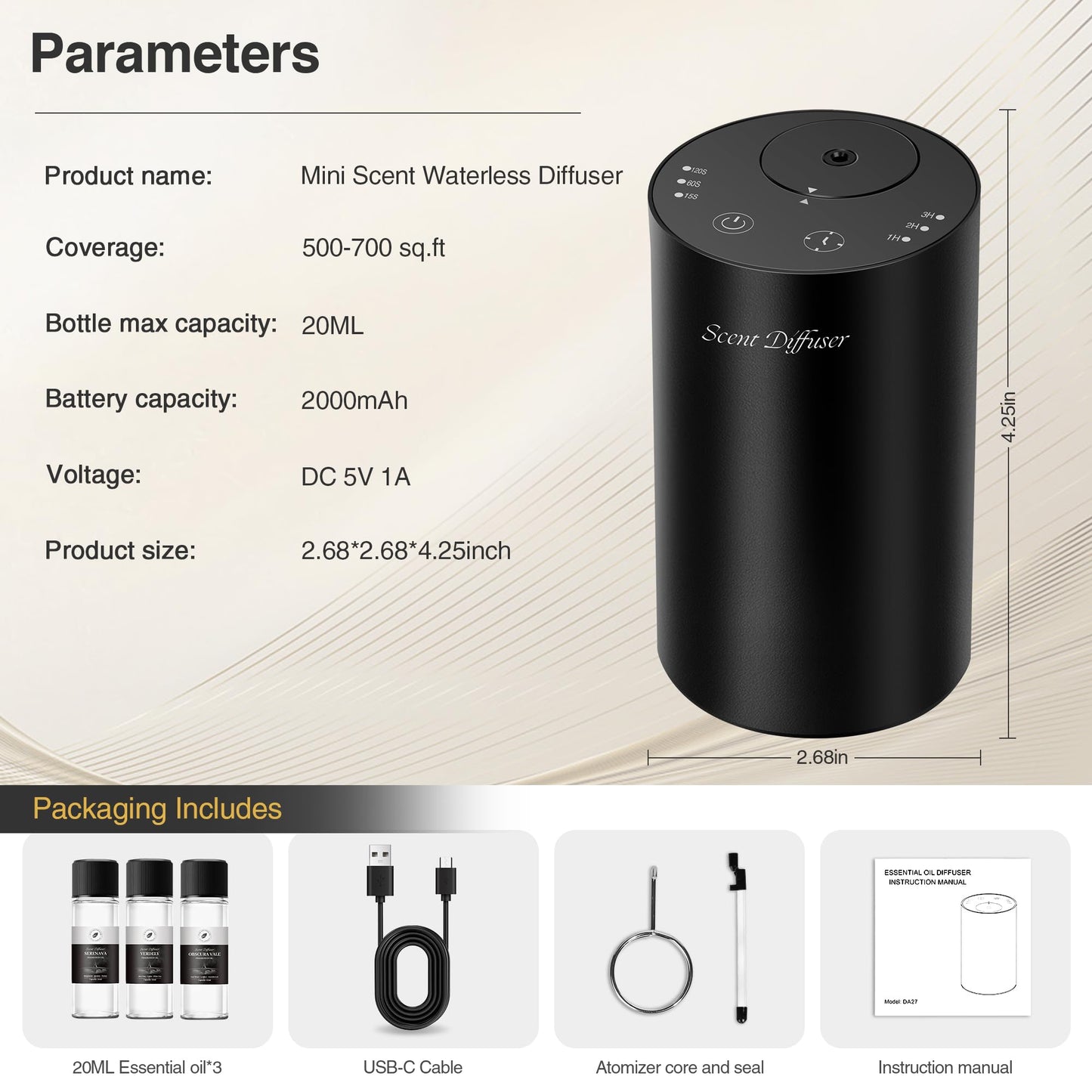 Waterless Essential Oil Diffuser Starter Kit - 2 Pack, Battery Operated, No Water Needed, 3x20ml Oils, Matte Black