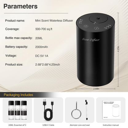 Waterless Essential Oil Diffuser Starter Kit - 2 Pack, Battery Operated, No Water Needed, 3x20ml Oils, Matte Black
