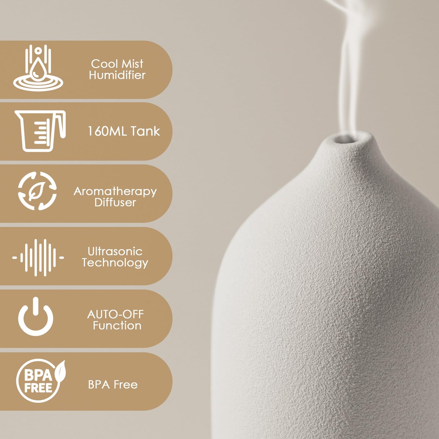 Diffuserlove Ceramic Essential Oil Diffuser 160ML – Aromatherapy Humidifier for Home, Bedroom, and Office