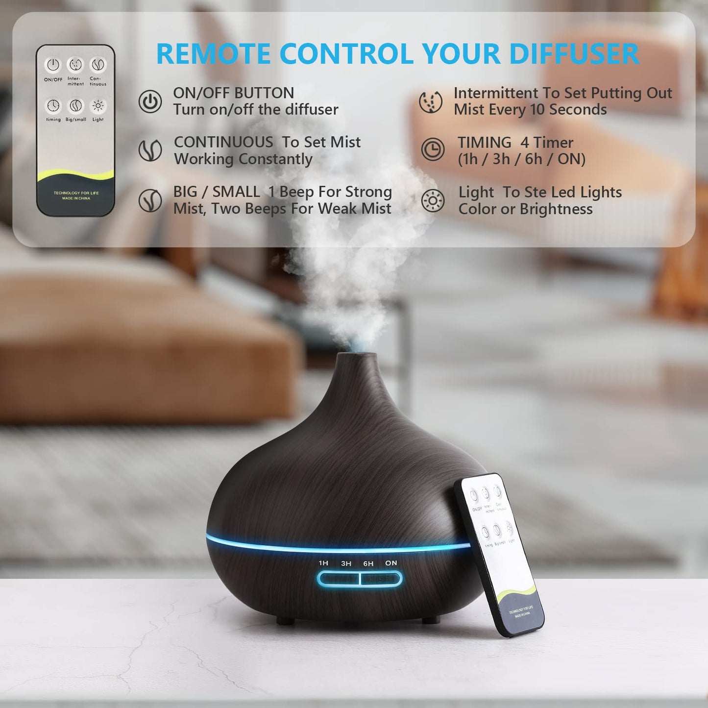 Large Room 550ml Essential Oil Diffuser with Remote – Ultrasonic Diffuser, Timer, 7-Color Lights