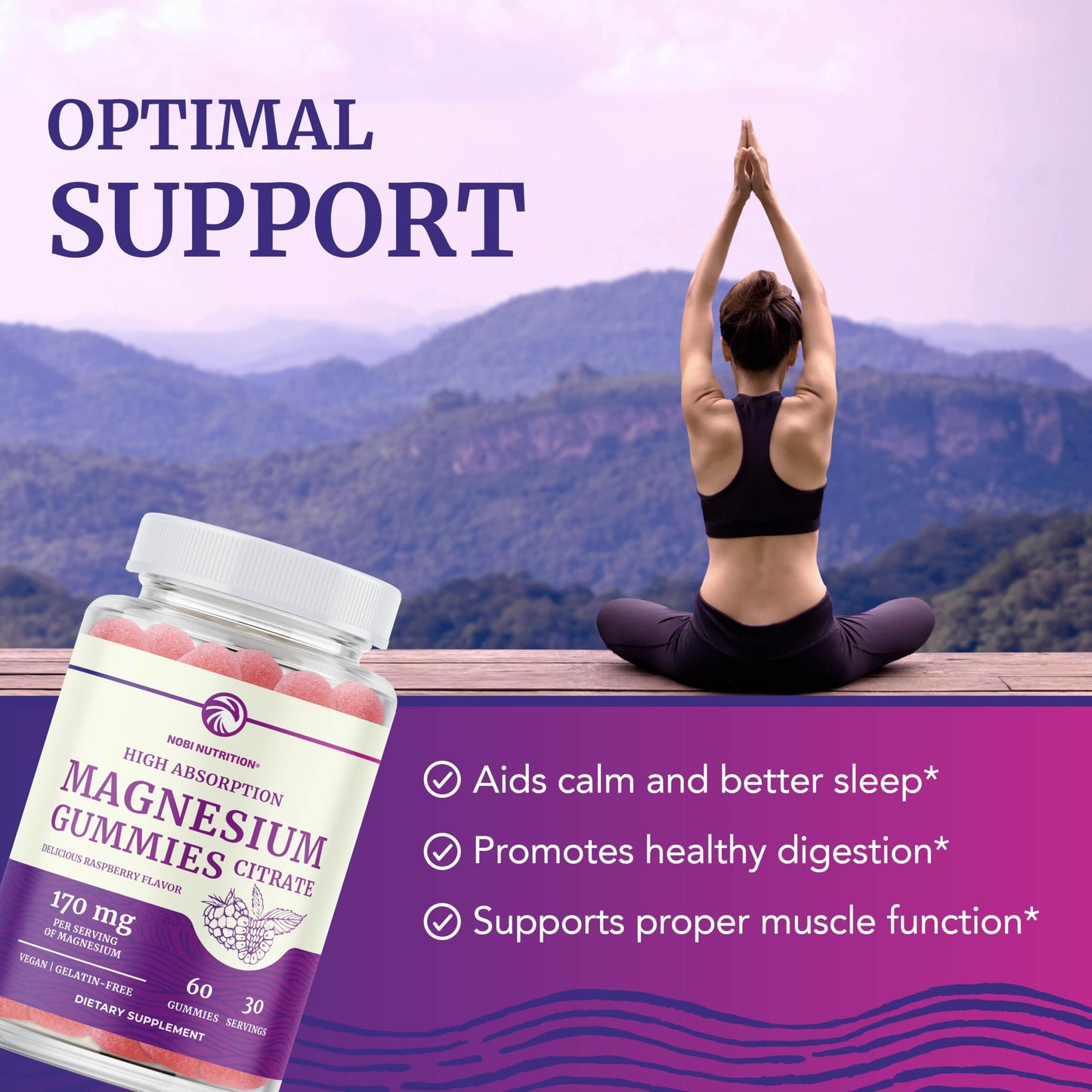 Magnesium Citrate Gummies – Extra Strength, Calm & Digestion | Vegan, Non-GMO | Raspberry 60 Ct