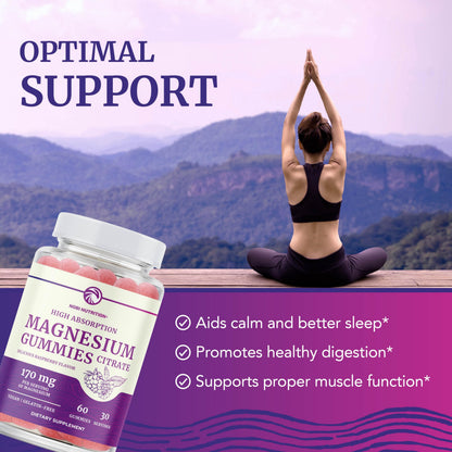 Magnesium Citrate Gummies – Extra Strength, Calm & Digestion | Vegan, Non-GMO | Raspberry 60 Ct