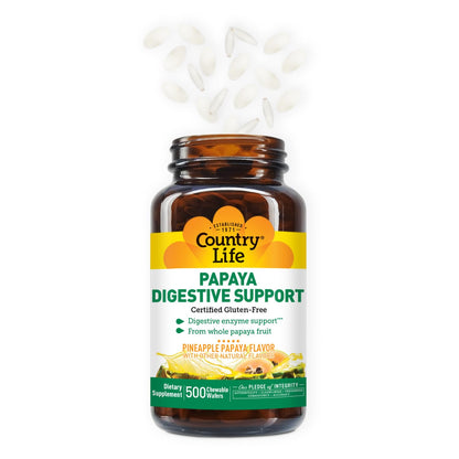 Country Life Chewable Papaya Enzymes for Digestion – Pineapple & Papaya Flavor | 200 & 500 Wafers