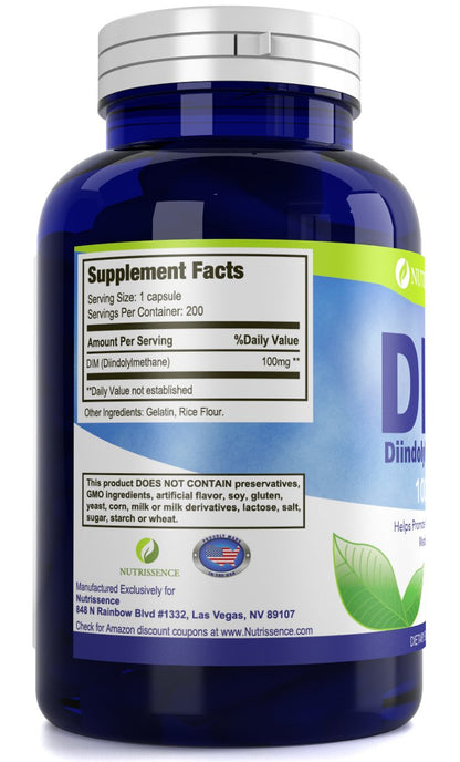 DIM Supplement 100mg – 200 Capsules | Diindolylmethane (DIM) by Nutrissence