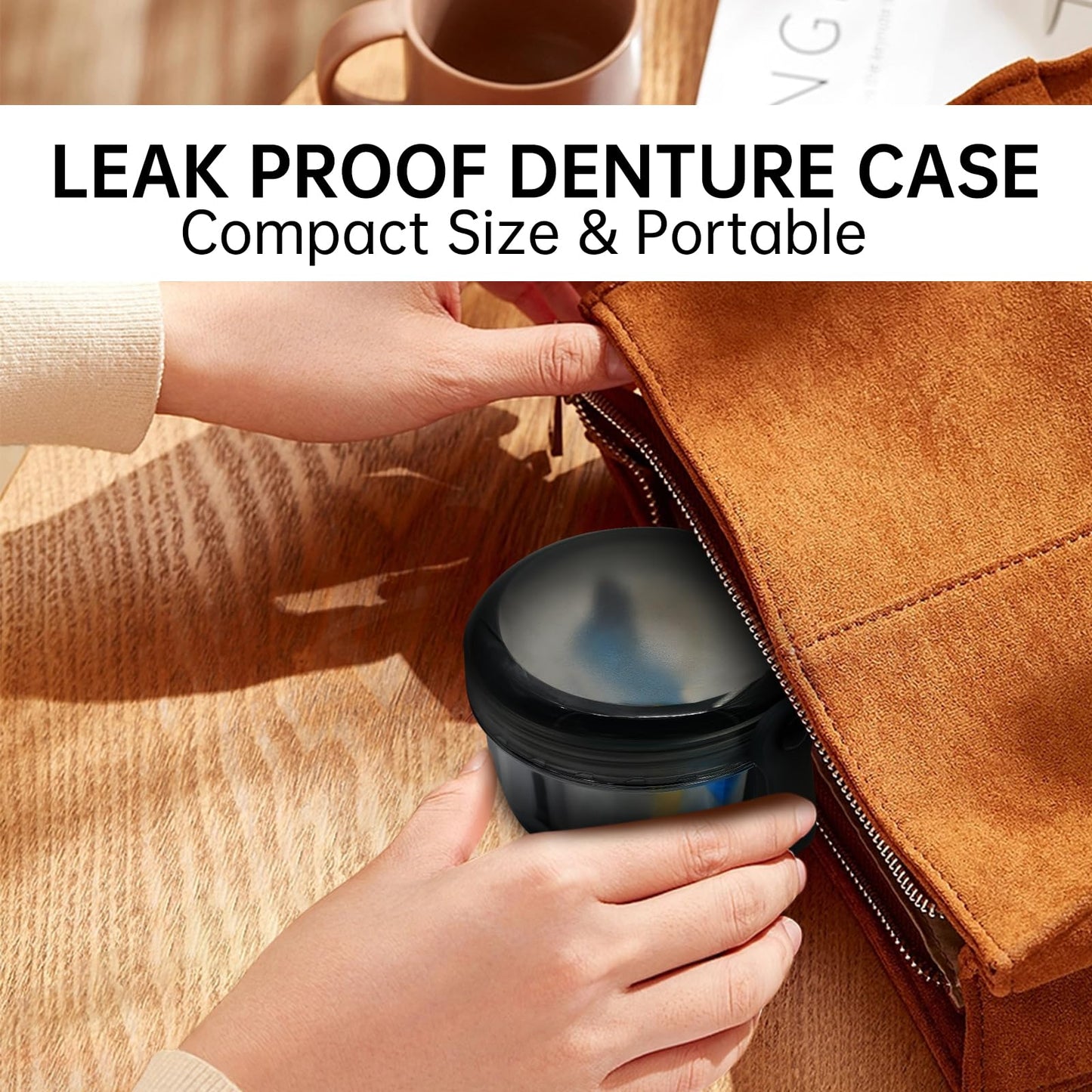 Leak Proof Denture Cups - Travel Bath Case with Brush, Transparent Black