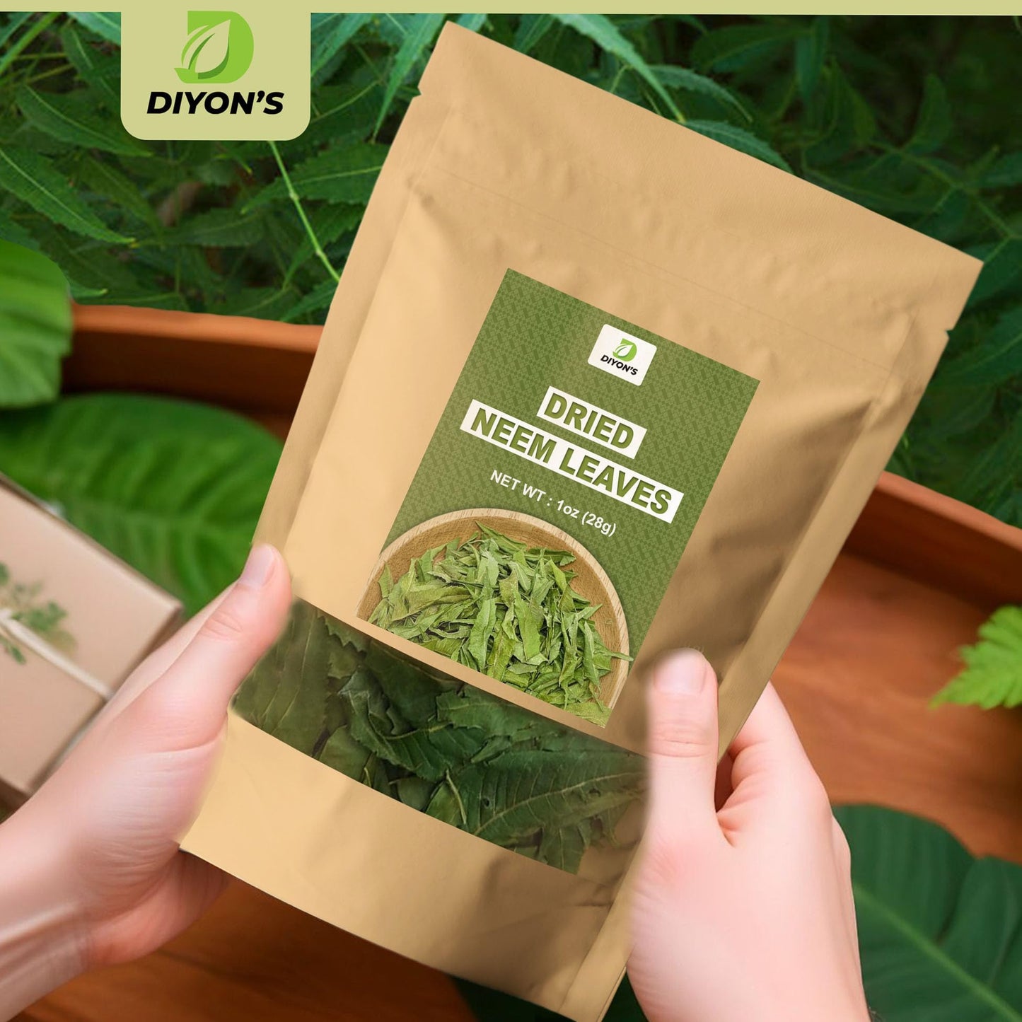 Diyon's Whole Dried Neem Leaves - 1 oz (28 g) 100% Natural, Air-Dried from Sri Lanka | Kraft Stand-Up Pouch
