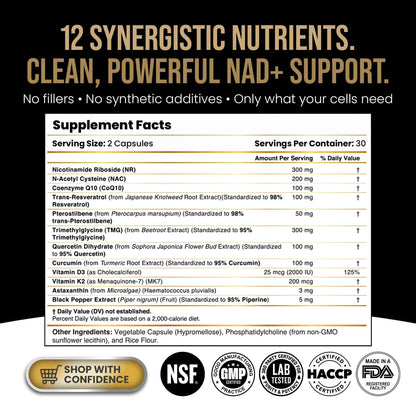 DLNIA Liposomal NAD+ Supplement| Nicotinamide Riboside (NR) 1258 mg with Resveratrol, Quercetin, Pterostilbene & CoQ10-12-Nutrient High-Absorption Cellular Energy & Healthy Aging