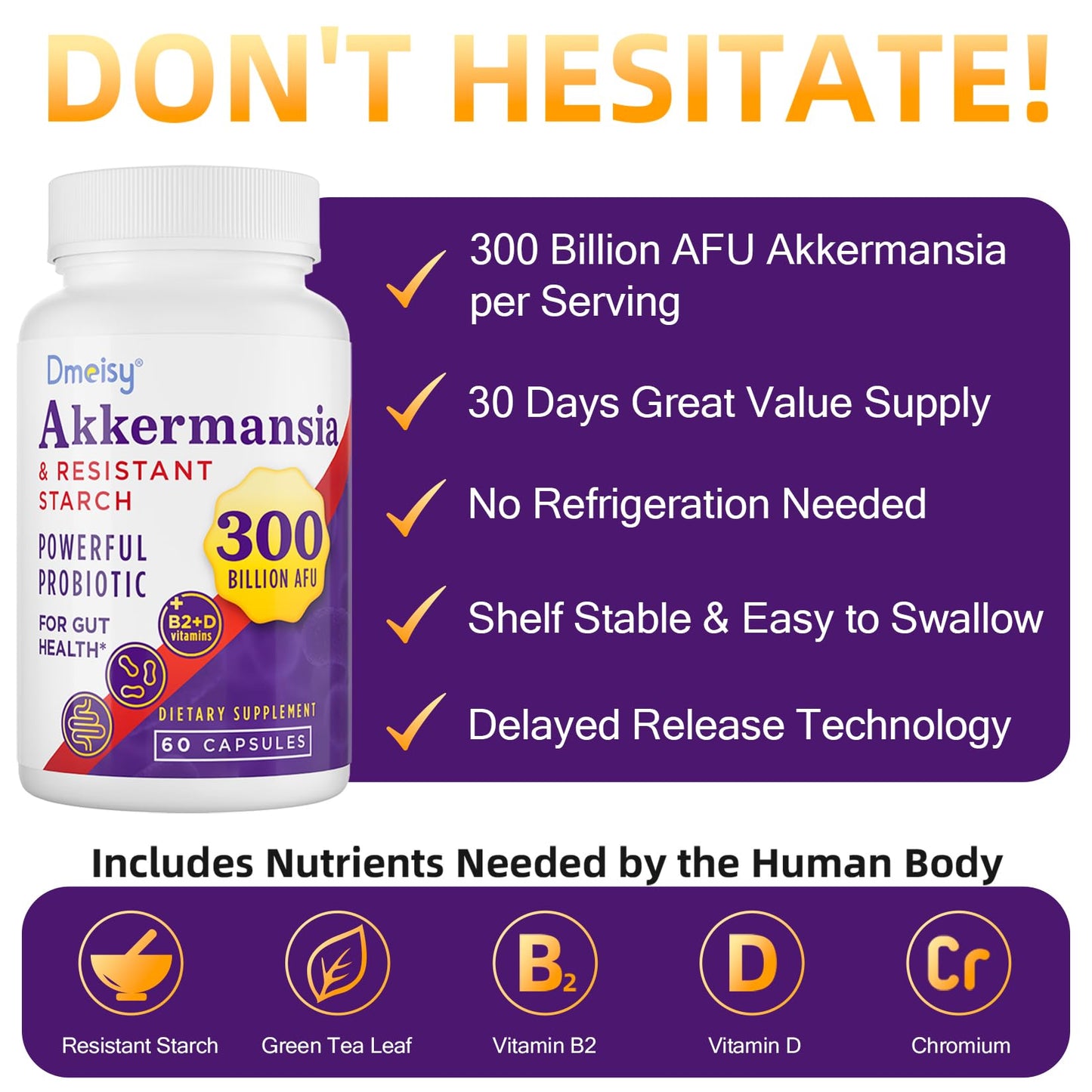Dmeisy Akkermansia Muciniphila Supplement – 300B AFU Probiotic for Gut Health | 120 Count