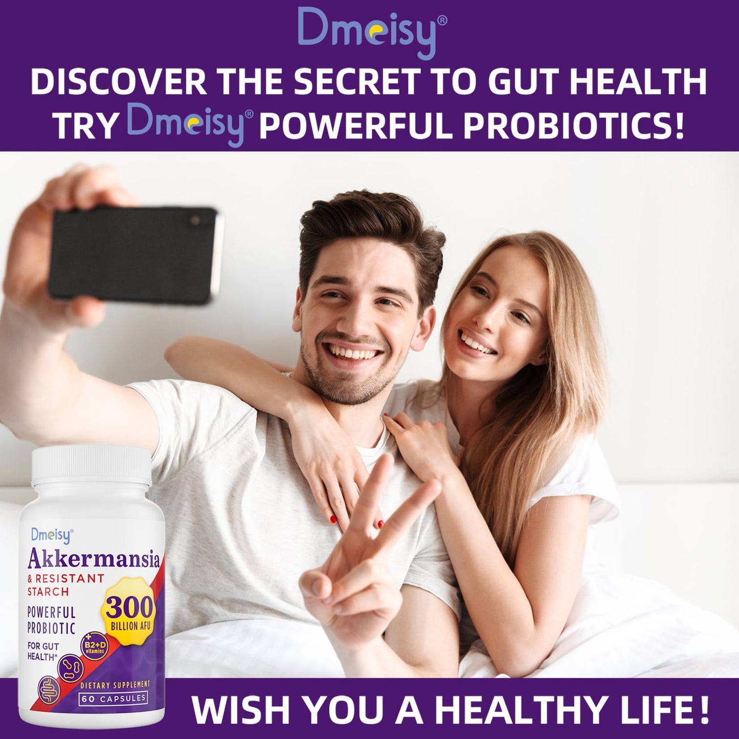 Dmeisy Akkermansia Muciniphila Supplement – 300B AFU Probiotic for Gut Health | 120 Count