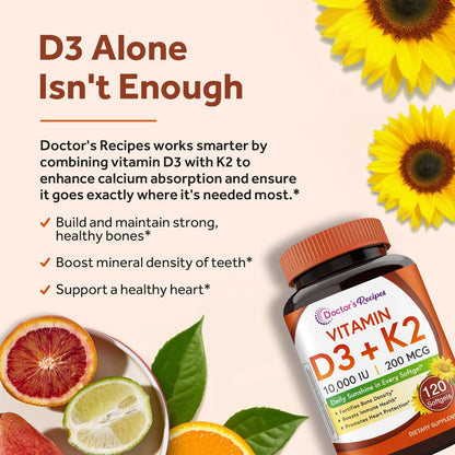 Vitamin D3 + K2 10,000 IU MK-7 – Doctor's Recipes, 120 Softgels