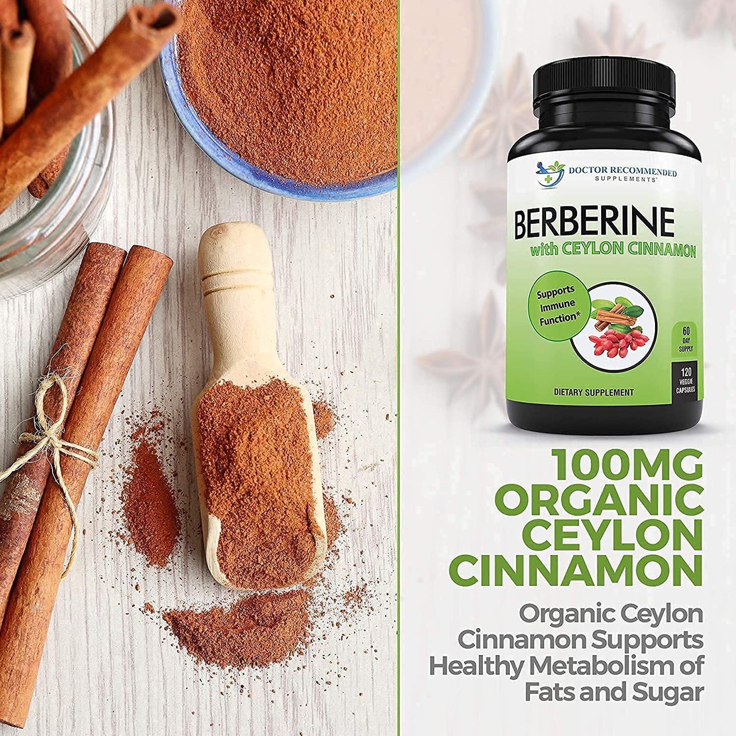 Doctor Recommended Supplements Berberine with Ceylon Cinnamon – 360 Veggie Capsules (Pack of 3) | 1200mg Berberine + 100mg Cinnamon