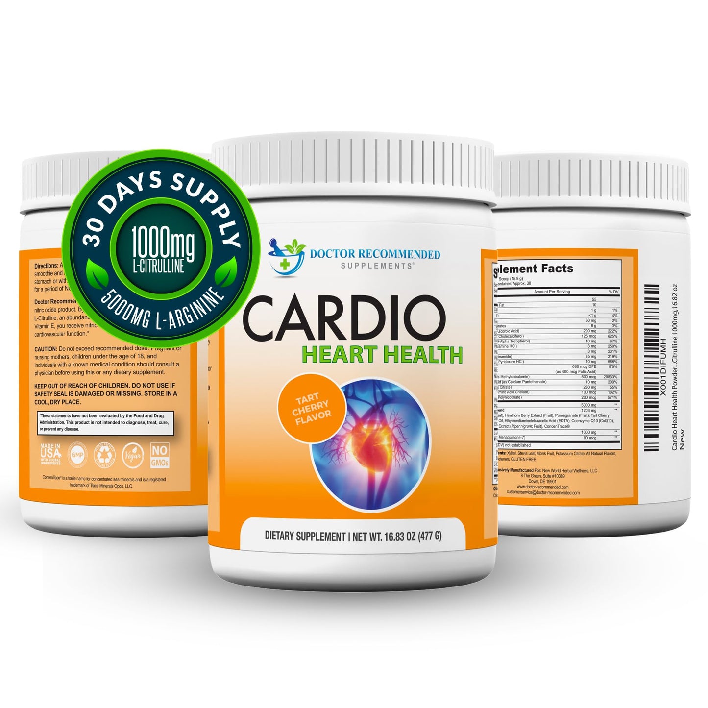 DOCTOR RECOMMENDED SUPPLEMENTS Cardio Heart Health Powder – L-Arginine 5000mg & L-Citrulline 1000mg, Tart Cherry Flavor (Pack of 2, 16.82 oz / 33.64 oz total)