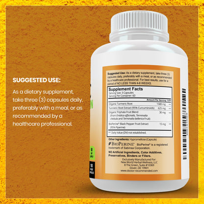 Turmeric Curcumin 2250mg/day — Bioperine Veggie Caps — 100% Organic | Pack of 3 | Doctor Recommended Supplements