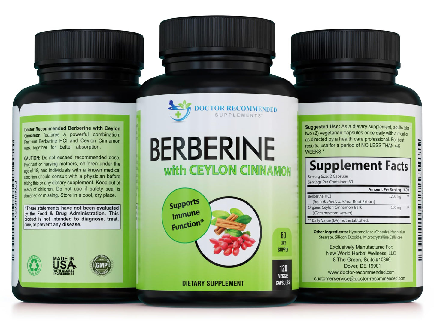 Berberine with Ceylon Cinnamon - 1200mg Berberine + 100mg Organic Cinnamon | 120 Veggie Capsules | 60-Day Supply (Pack of 2) | Doctor Recommended Supplements