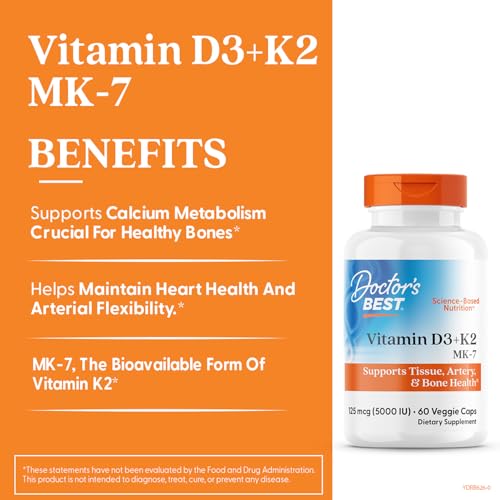 Doctor's Best Vitamin D3 + K2 MK-7 – Supports Bone, Tissue & Arterial Health, 5000 IU, 60 Veggie Caps