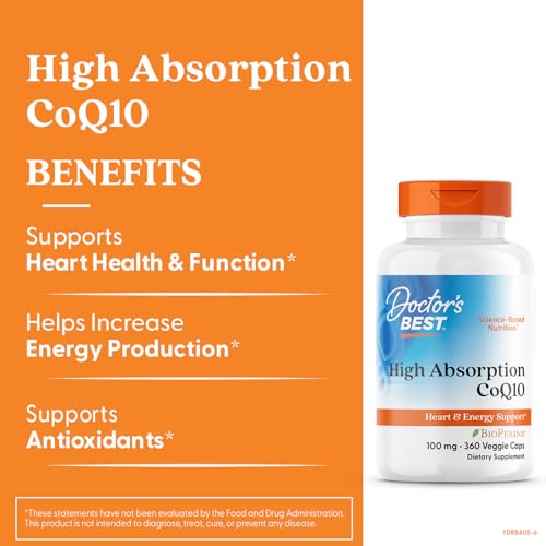 Doctor's Best High Absorption CoQ10 with BioPerine – Heart Health & Energy Support, 100 mg, 360 Vegan Caps