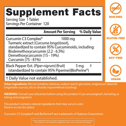 Doctor's Best Curcumin from Turmeric Root with C3 Complex & BioPerine - 1000 mg, 120 Tablets | Joint Support
