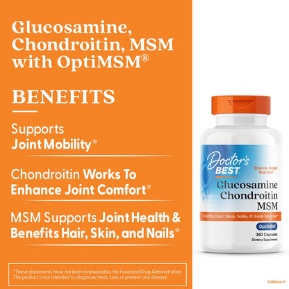 Doctor's Best Glucosamine Chondroitin MSM with OptiMSM — Joint Support Capsule Formula, Non-GMO, Gluten & Soy Free, 360 Count
