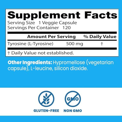 Doctors Best L-Tyrosine 500 mg – Brain Transmitter Support | Non-GMO & Gluten Free | 120 Veggie Caps