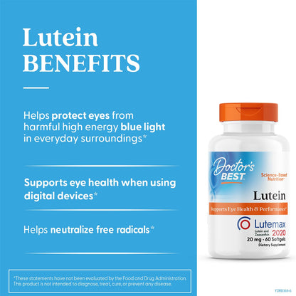 Doctors Best Lutein with Lutemax 20 mg - Supports Eye Health & Performance, Non-GMO, Gluten Free | 60 Softgels