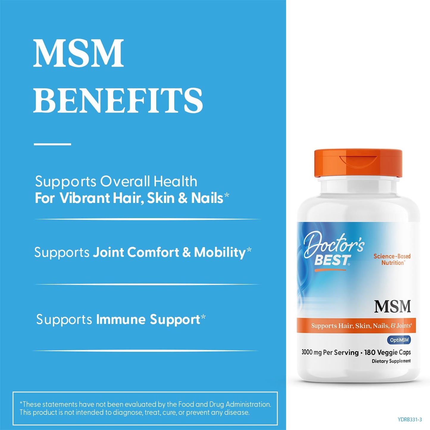 Doctors Best MSM – Supports Hair, Skin, Nails & Joints | Non-GMO, Gluten Free, Vegan | 180 Veggie Caps
