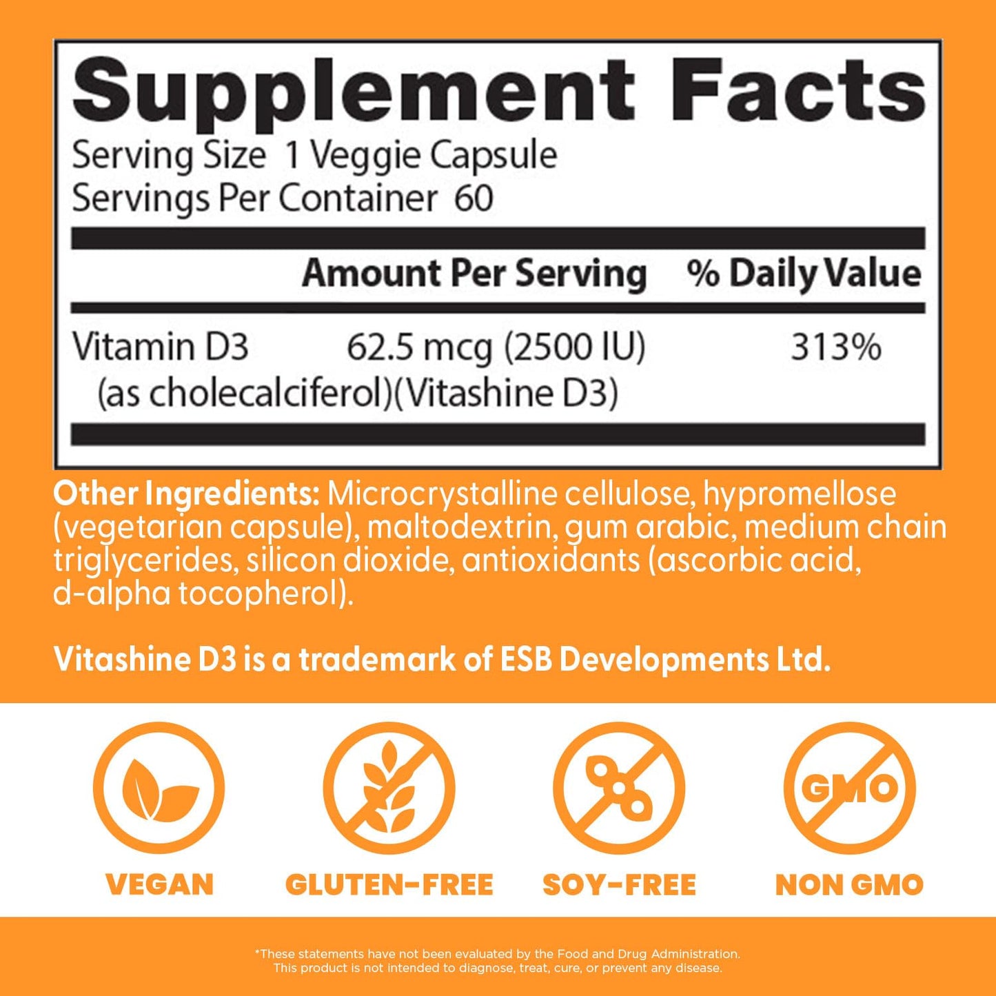 Doctors Best Vegan D3 2500 IU Vitashine - Plant-Sourced Vitamin D3, 60 Veggie Caps
