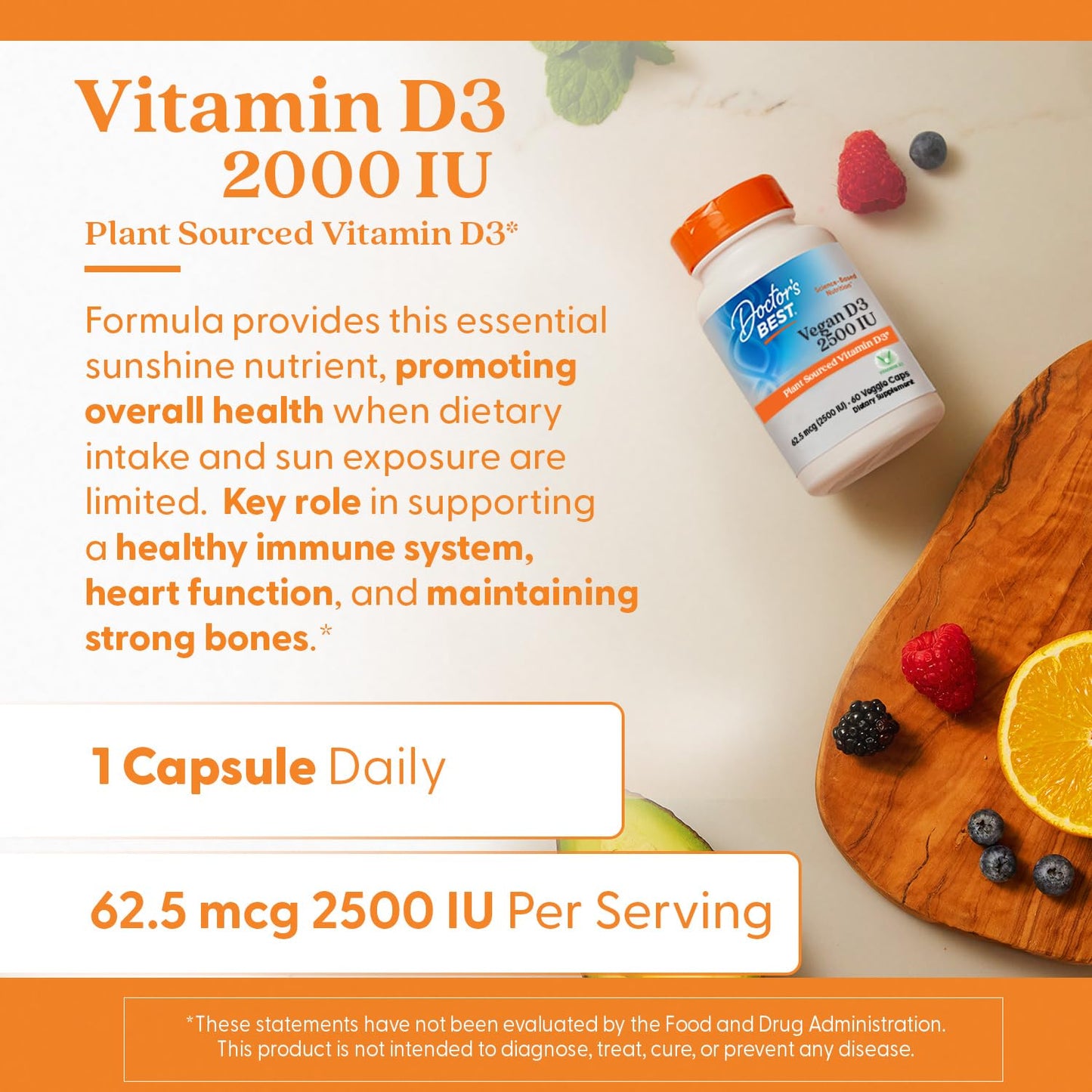 Doctors Best Vegan D3 2500 IU Vitashine - Plant-Sourced Vitamin D3, 60 Veggie Caps