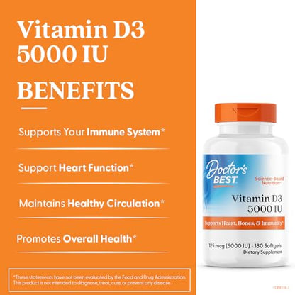 Doctor's Best Vitamin D3 5000IU – Non-GMO, Gluten & Soy Free | Supports Bones & Immune Function