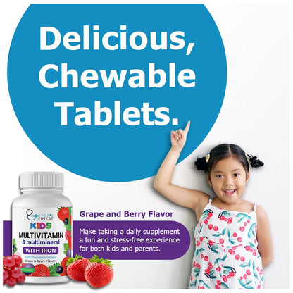 Doctor's Finest Kids Multivitamin & Mineral with Iron – Grape & Berry, 150 Chewable Tablets