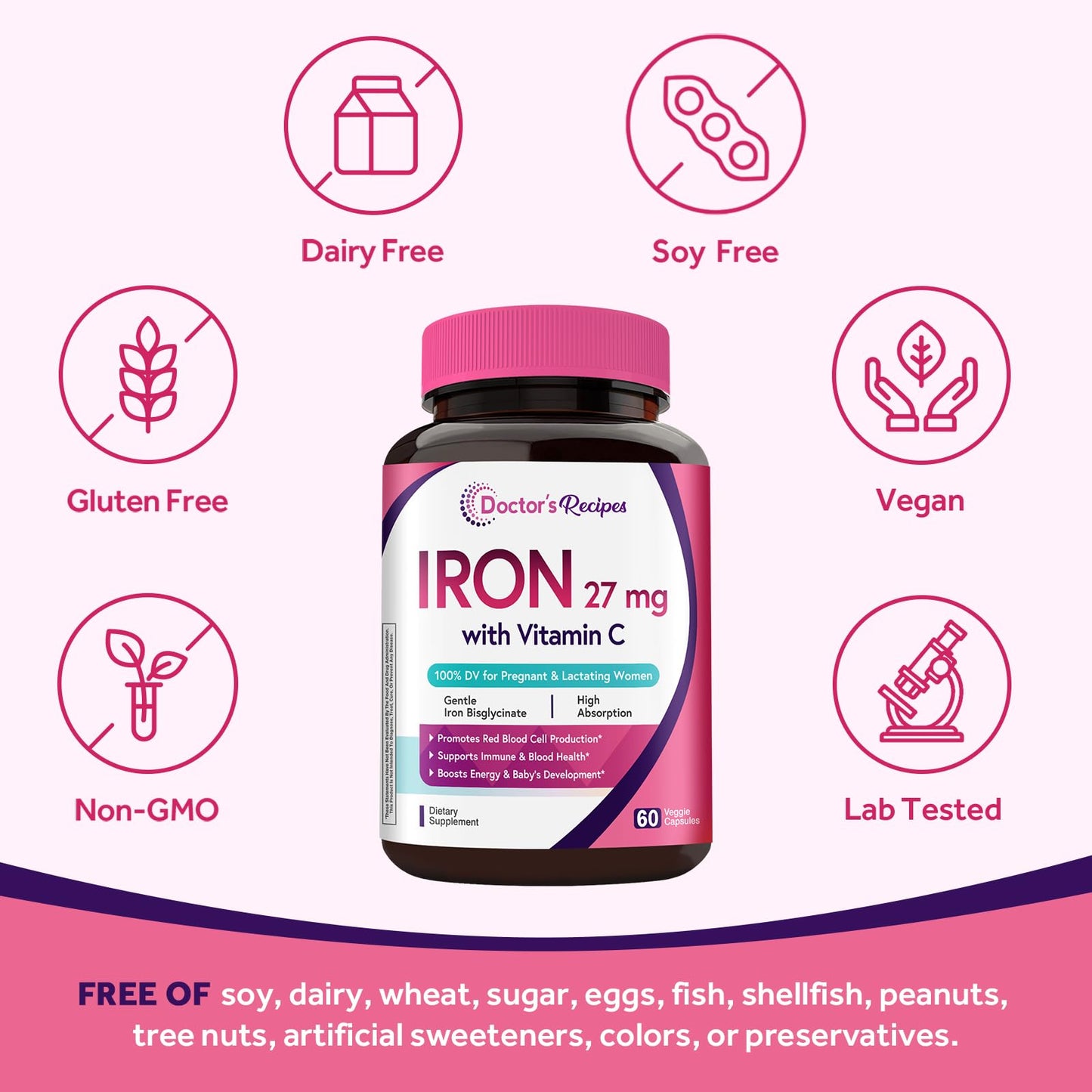 Doctor's Recipes Iron Supplement for Pregnant Women | Chelated Iron Bisglycinate + Vitamin C
