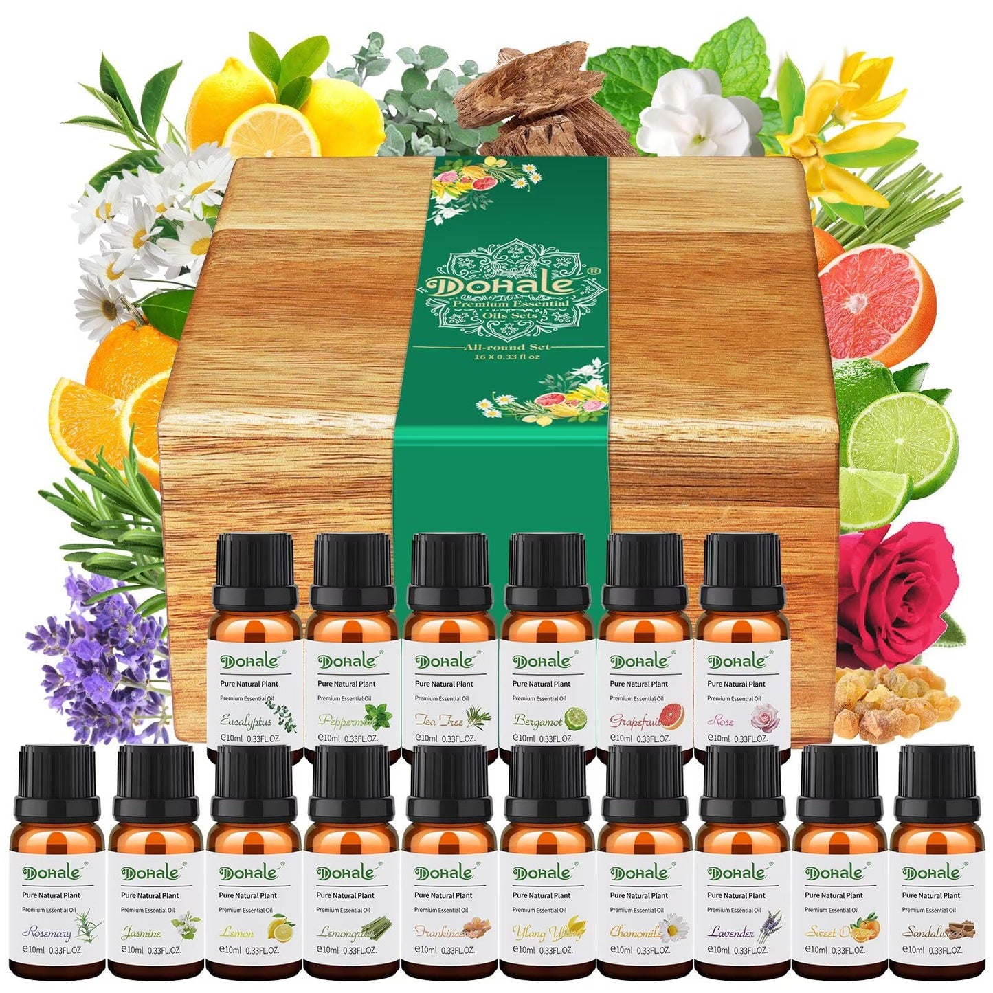 Dohale Essential Oils Set in Acacia Wood Gift Box - 10ml Diffuser Aromatherapy