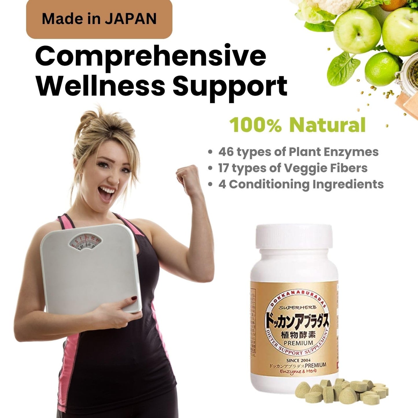 DOKKANABURADAS Natural Digestive Enzymes & Superfoods Multi-Herb Supplement – 46 Vegetables & 17 Herbal Fibers for Metabolism & Gut Health, Made in Japan, 180 Tablets, Premium
