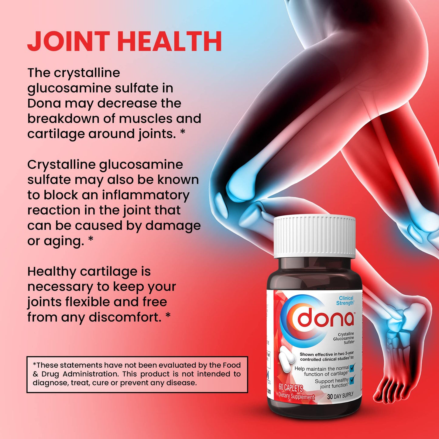 Dona Crystalline Glucosamine Sulfate 750 mg – Joint Health & Mobility Support, 60 Caplets (3-Pack)