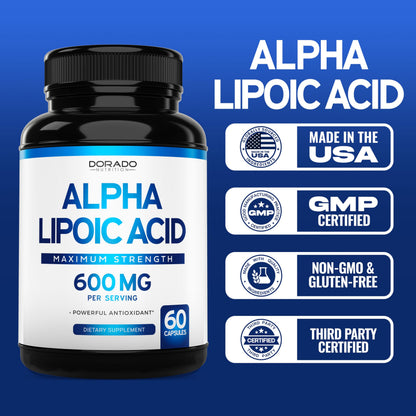 Alpha Lipoic Acid 600mg – 60 Capsules | Potent Antioxidant for Neuropathy & Cardiovascular Health | USA Made