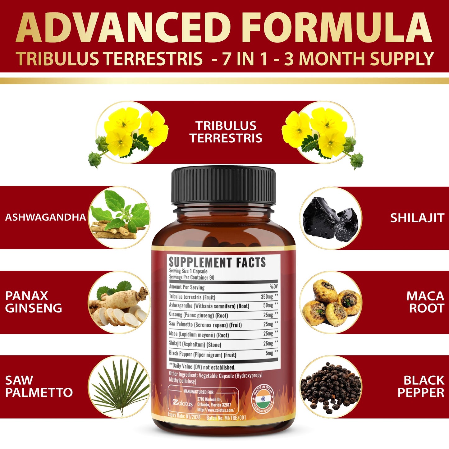 Tribulus Terrestris Capsules with Ashwagandha, Panax Ginseng, Saw Palmetto, Maca, Shilajit — 90 Capsules (3-Month Supply)