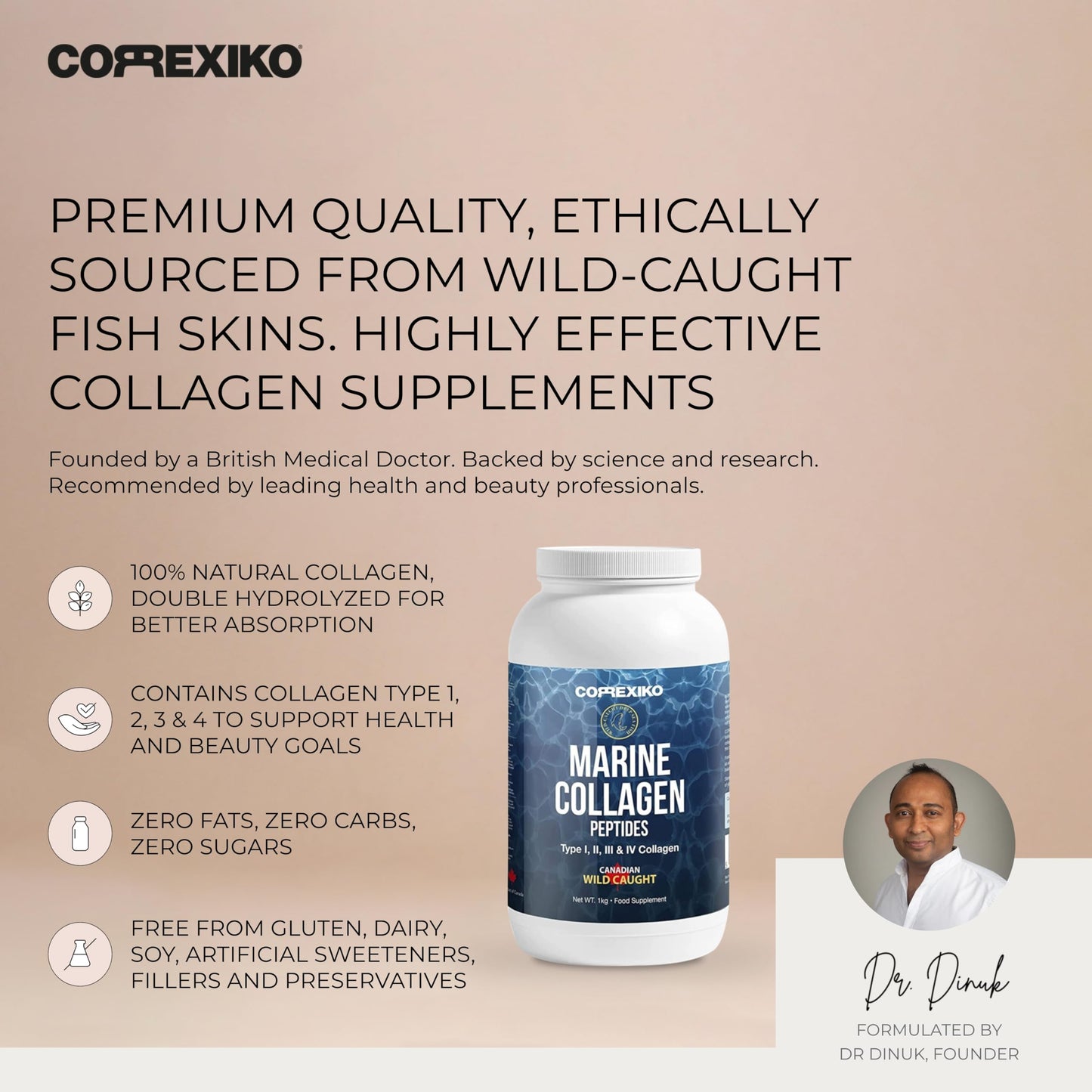 Hydrolyzed Marine Collagen Peptides Powder 1kg – Wild-Caught Canadian Fish Skin | Premium Collagen Supplement