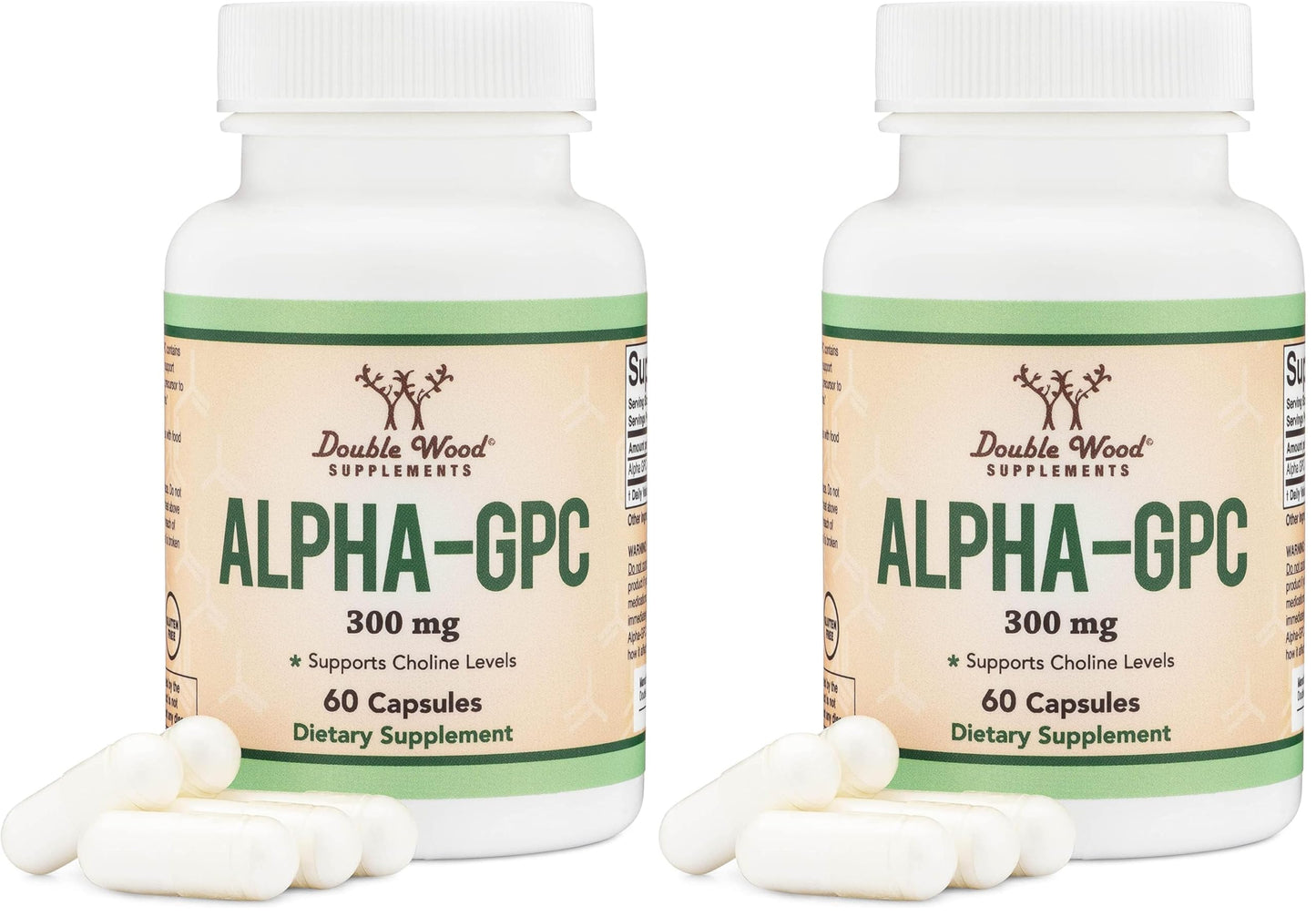 Double Wood Alpha GPC Choline Brain Supplement – 60 Count, 600 mg – Memory, Focus & Brain Support (USA Made) Pack of 2