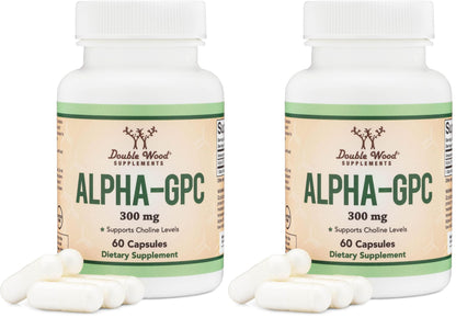 Double Wood Alpha GPC Choline Brain Supplement – 60 Count, 600 mg – Memory, Focus & Brain Support (USA Made) Pack of 2