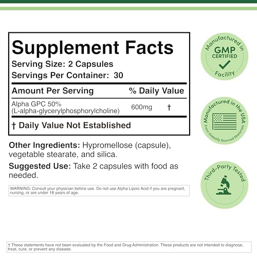 Double Wood Alpha GPC Choline Brain Supplement – 60 Count, 600 mg – Memory, Focus & Brain Support (USA Made) Pack of 2