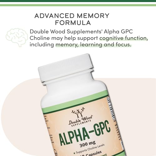 Double Wood Alpha GPC Choline Brain Supplement – 60 Count, 600 mg – Memory, Focus & Brain Support (USA Made) Pack of 2