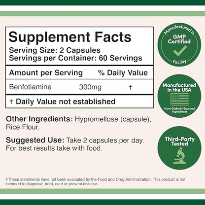 Double Wood Benfotiamine 300mg Servings – 2-Pack, 120 Capsules per Bottle, Third-Party Tested, Non-GMO